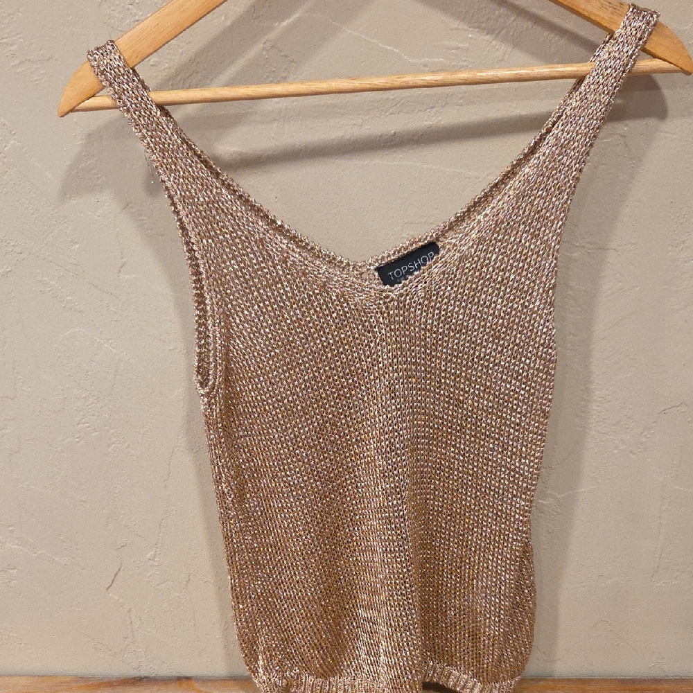 Topshop Rose Gold Metallic Knit Tank Top Festival Party Cami Size 4